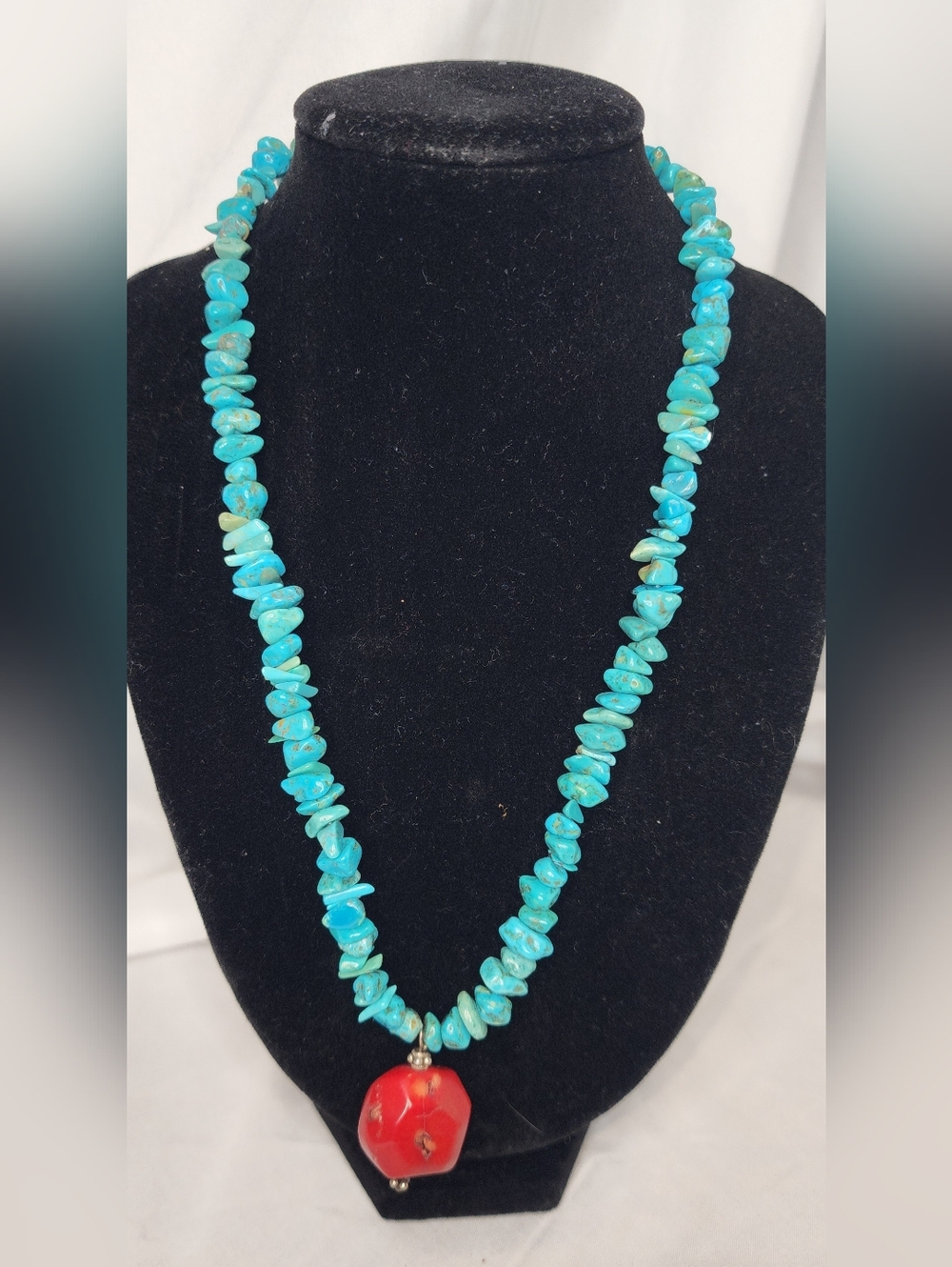 Turquoise Chip Necklace with Coarl- Drop Pendant